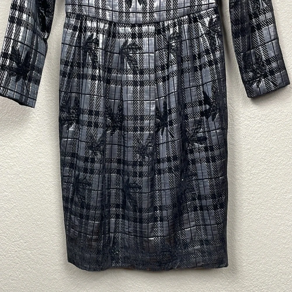 NWT Sabrina Lachapelle Textured Plaid Brocade Metallic Long Sleeve Dress Sz 36